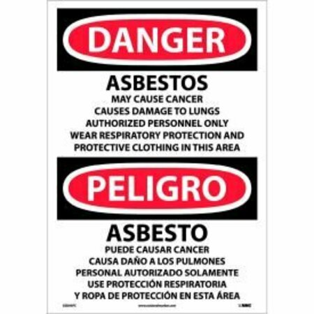 NATIONAL MARKER CO Bilingual Vinyl Sign - Danger Asbestos Cancer And Lung Disease Hazard ESD95PC